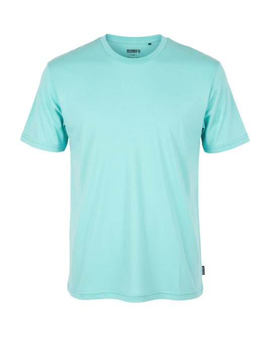 Light blue, short-sleeved t-shirt with a crew neck, and a tag on the collar.