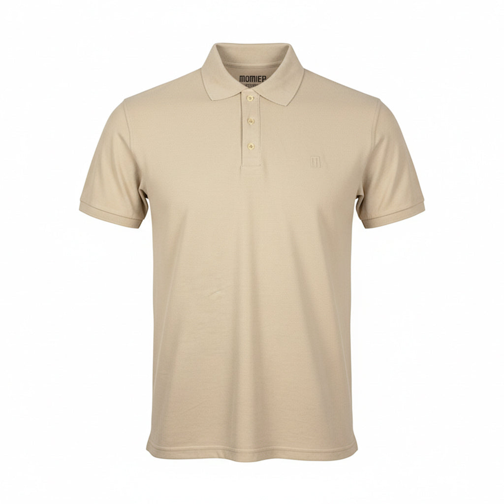 A beige polo shirt with a collar, a four-button placket, and an "M" logo on the left chest, displayed on a white background.