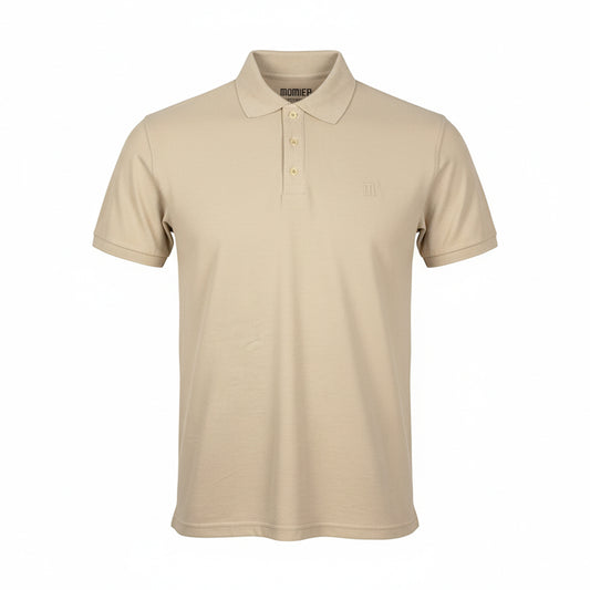 A beige polo shirt with a collar, a four-button placket, and an "M" logo on the left chest, displayed on a white background.