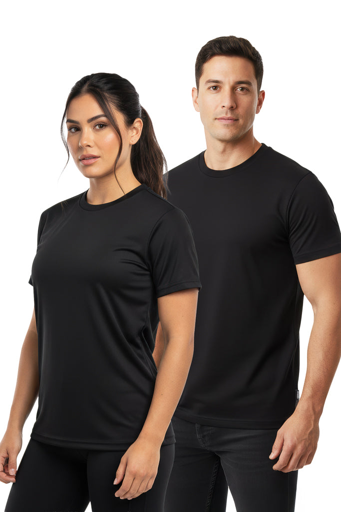 Man and a woman in black t-shirts and black pants stand side-by-side, posing for a product photo on a white background.