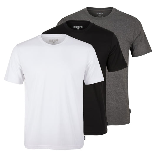 A studio shot of three men's short-sleeve t-shirts in white, black, and gray, each with a MOMIFA logo on the chest.