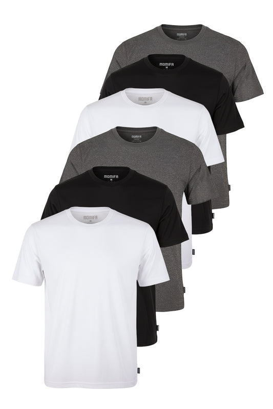 Vertical stack of five men's plain crewneck t-shirts in white, black, and two different shades of grey.