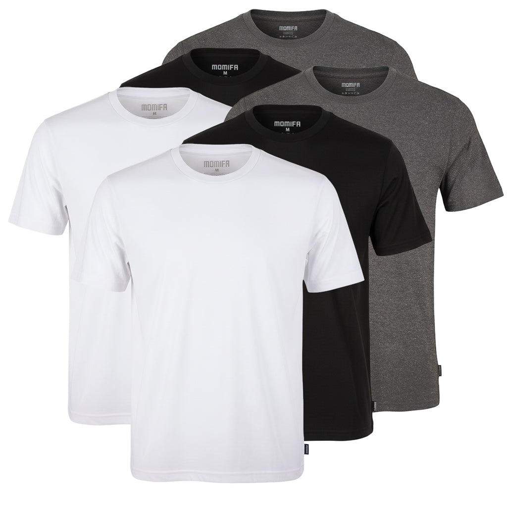 Group of five men's regular-fit short-sleeve t-shirts in different colors: white, black, and gray.