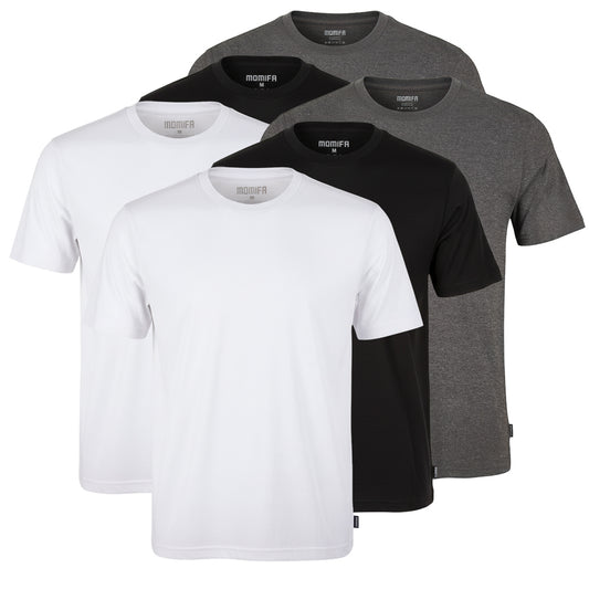 Group of five men's regular-fit short-sleeve t-shirts in different colors: white, black, and gray.
