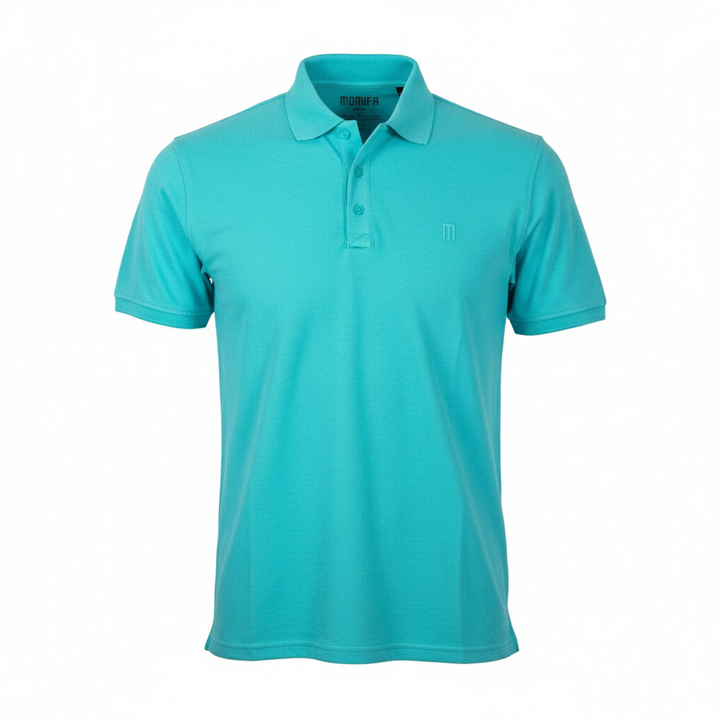 Turquoise, short-sleeved polo shirt with a collar, a three-button placket, and a tonal "M" logo embroidered on the left chest.
