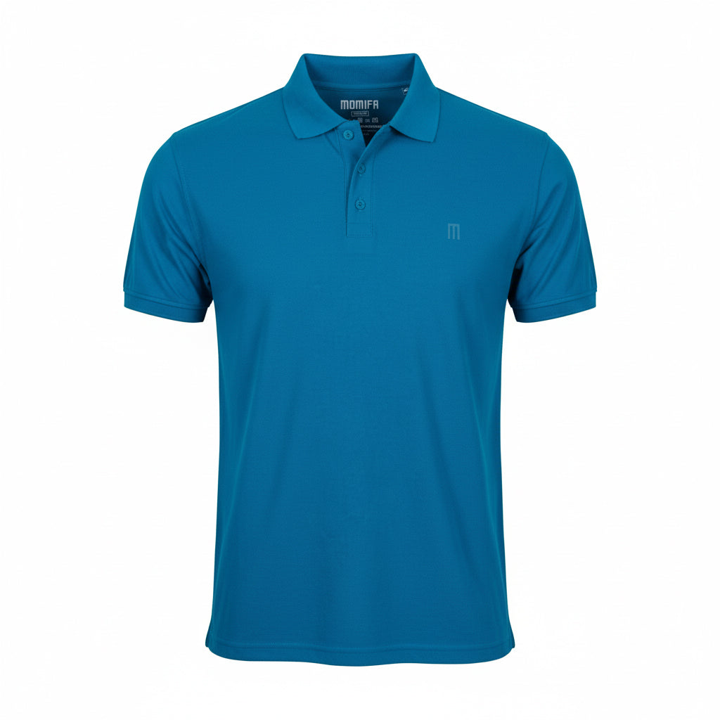 Blue short-sleeved polo shirt with a three-button placket and a subtle ""M"" logo on the left chest, displayed on a white background.