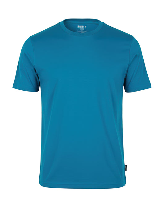 Blue t-shirt with the MOMIFA brand logo on the neckline tag and a small black tag on the lower left hem.