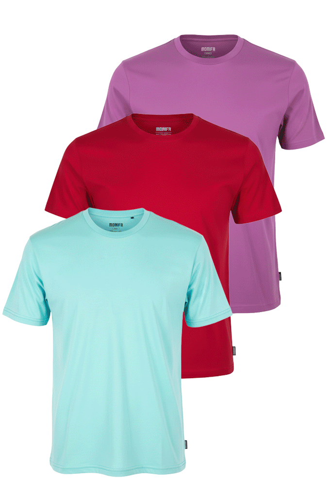 Three solid-color t-shirts in light green, pale yellow, and light blue, stacked on a white background.