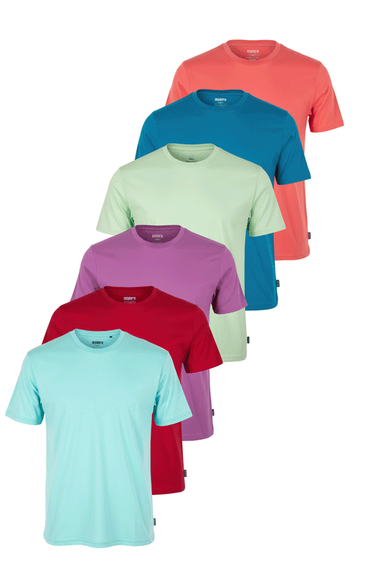 A stack of five folded, plain crewneck t-shirts in blue, red, light green, green, and purple on a white background.