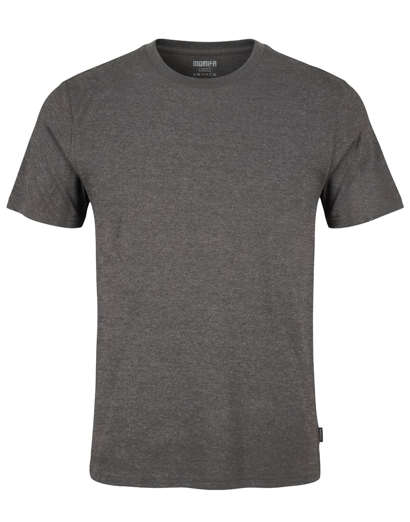 A photo of a men's charcoal gray short-sleeved crew neck t-shirt on a dark background. The shirt has a textured fabric.