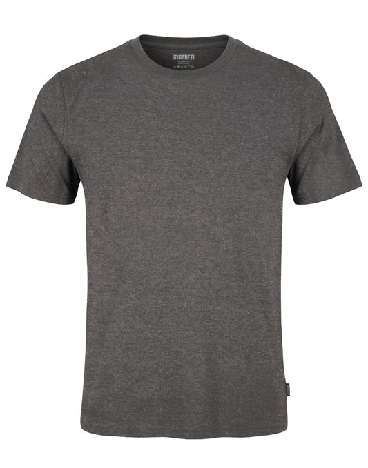A photo of a men's charcoal gray short-sleeved crew neck t-shirt on a dark background. The shirt has a textured fabric.