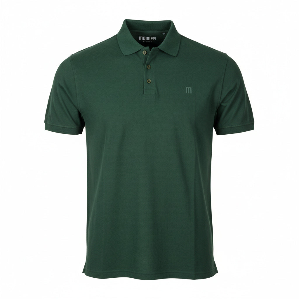 Dark green, short-sleeved polo shirt with a three-button placket and a small logo on the chest, against a white background.