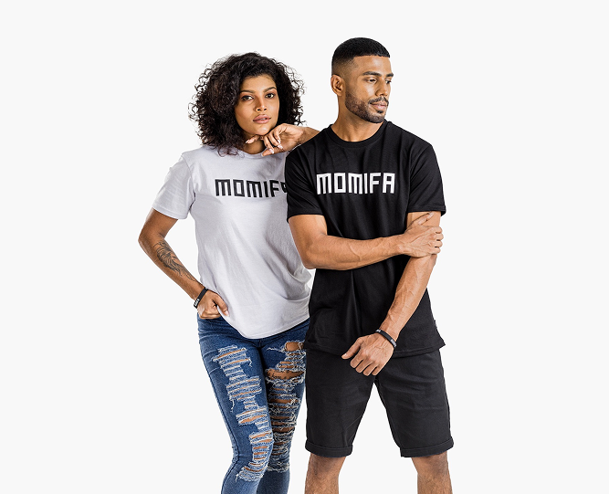 man and a woman pose together, both wearing t-shirts with "MOMIFA" printed on them. The woman wears a white t-shirt and ripped jeans, and the man wears a black t-shirt and black shorts.
