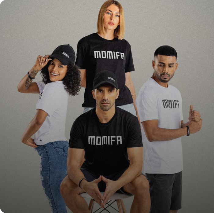 Group modeling various black and white t-shirts with brand names.