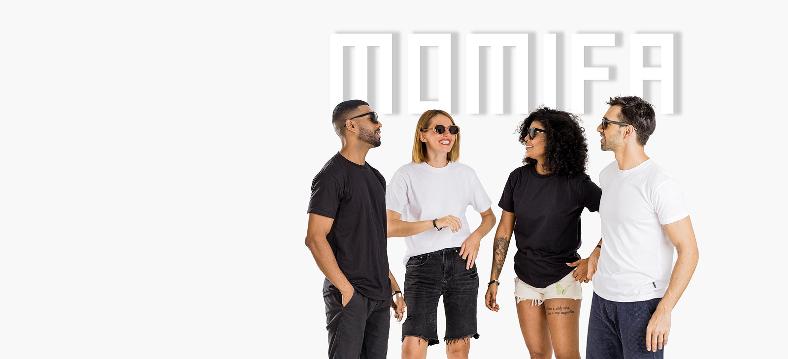 Four people, two men and two women, are wearing black and white t-shirts, shorts, and sunglasses, posing indoors.