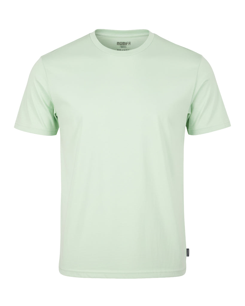 Plain, light green, short-sleeve men's t-shirt with a round neck is shown on a white background.