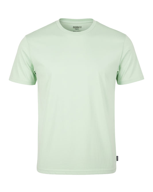 Plain, light green, short-sleeve men's t-shirt with a round neck is shown on a white background.