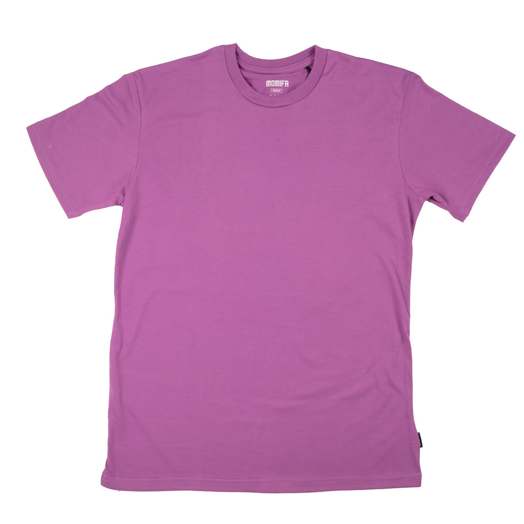 Plain, purple, short-sleeved crew-neck t-shirt with a small brand tag on the hem and a label on the collar.