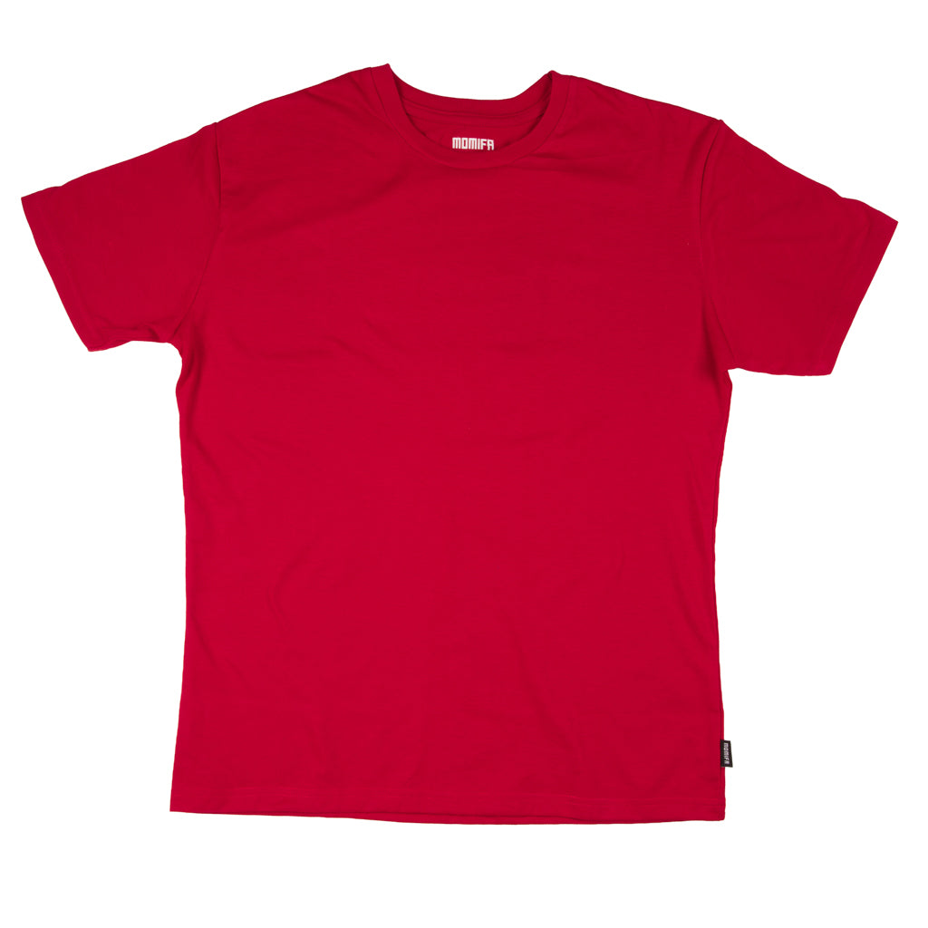 Front view of a plain, bright red t-shirt with short sleeves and a crew neck, photographed against a black and white background.