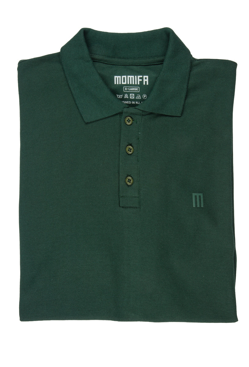 Dark green polo shirt with a collar, a three-button placket, and a subtle "M" logo on the left chest.