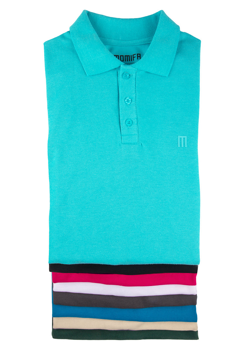 A stack of folded men's polo shirts in various colors, including turquoise, black, pink, white, gray, beige, and green.