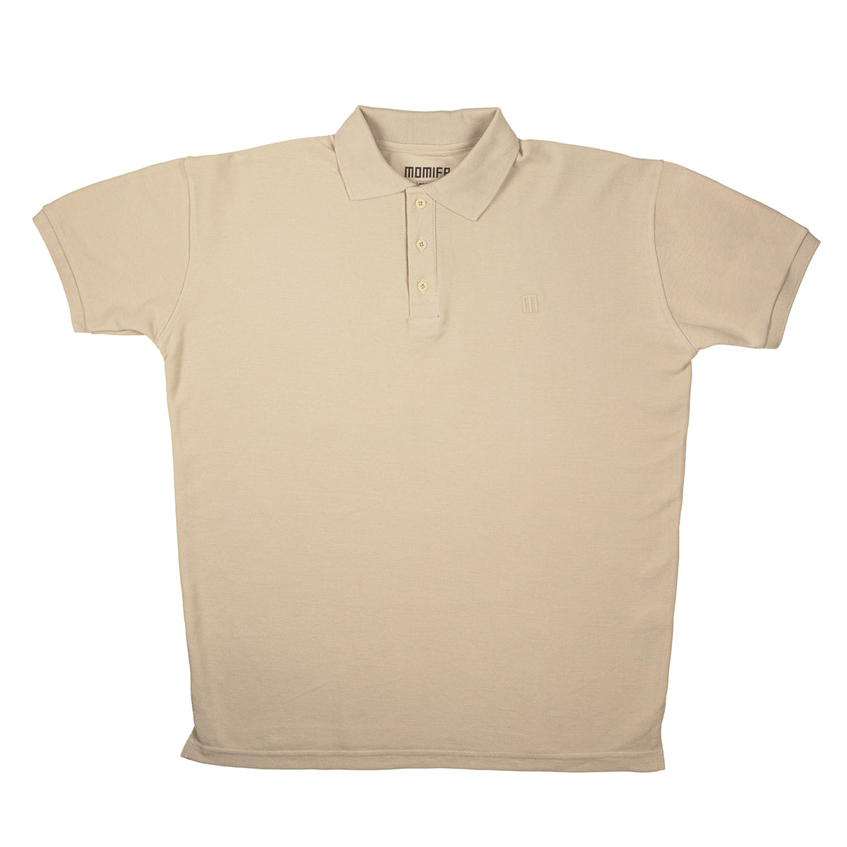 Beige polo shirt with a three-button placket and a small logo on the left chest, lying flat on a white background.