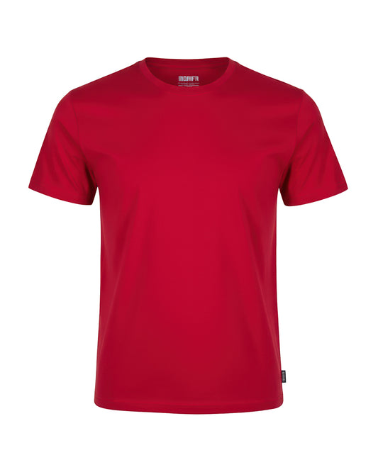 Red, plain, short-sleeve crew-neck t-shirt, shown on a mannequin or stand against a dark background.