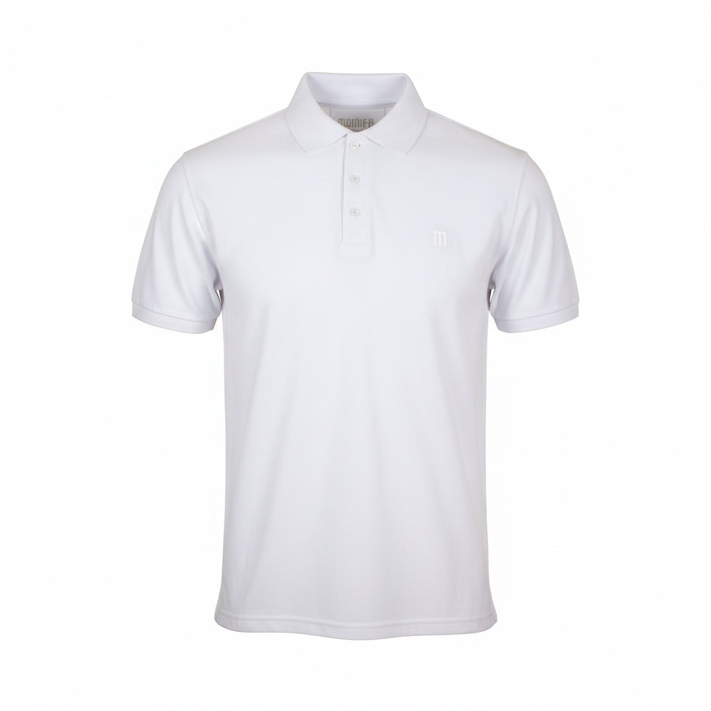 White polo shirt with a three-button placket and a subtle tonal "m" logo embroidered on the left side of the chest.
