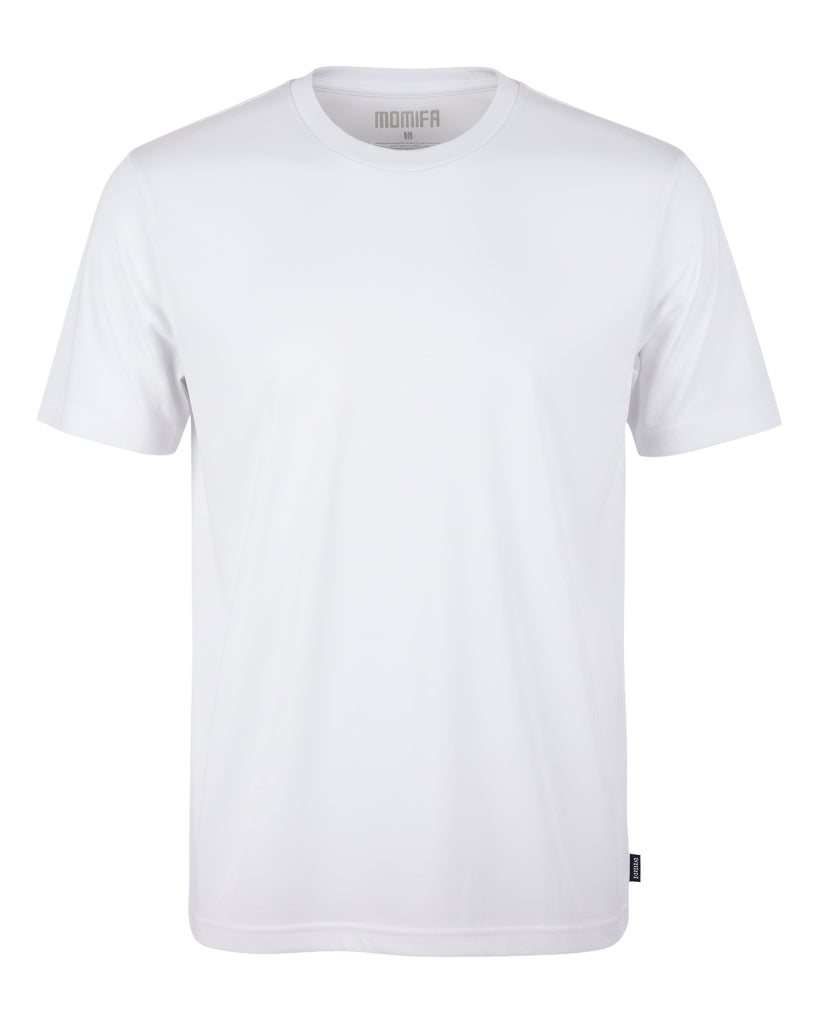 Clean, crisp, white MOMIFA t-shirt on a black background.