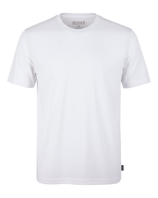 Clean, crisp, white MOMIFA t-shirt on a black background.