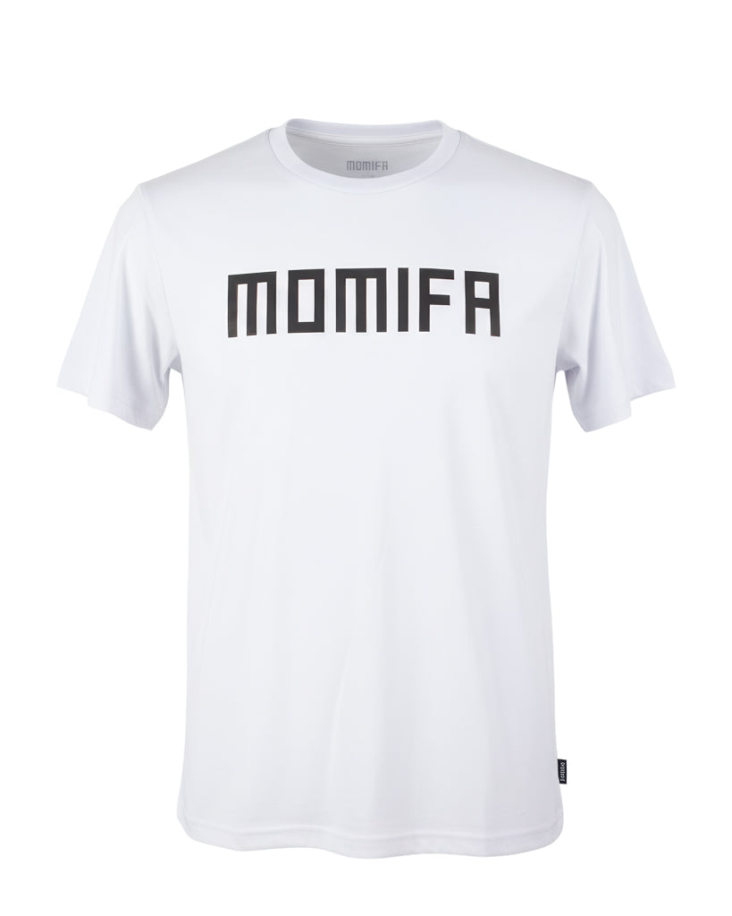 White t-shirt is shown with the brand name "MOMIFA" printed in large, black block letters on the front.