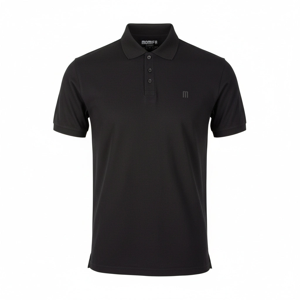 black polo shirt with a tonal ""M"" logo.