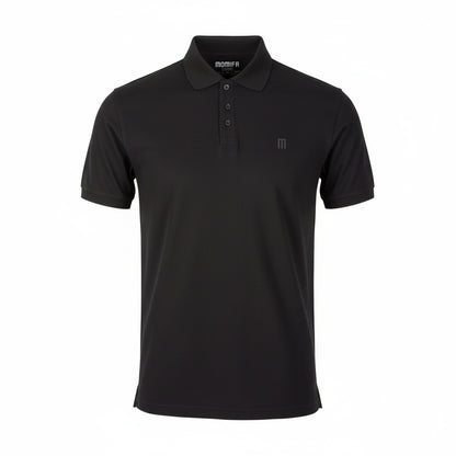 black polo shirt with a tonal ""M"" logo.