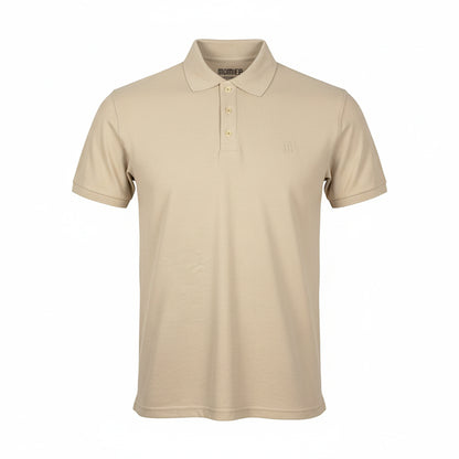 A beige polo shirt with a collar, a four-button placket, and an "M" logo on the left chest, displayed on a white background.
