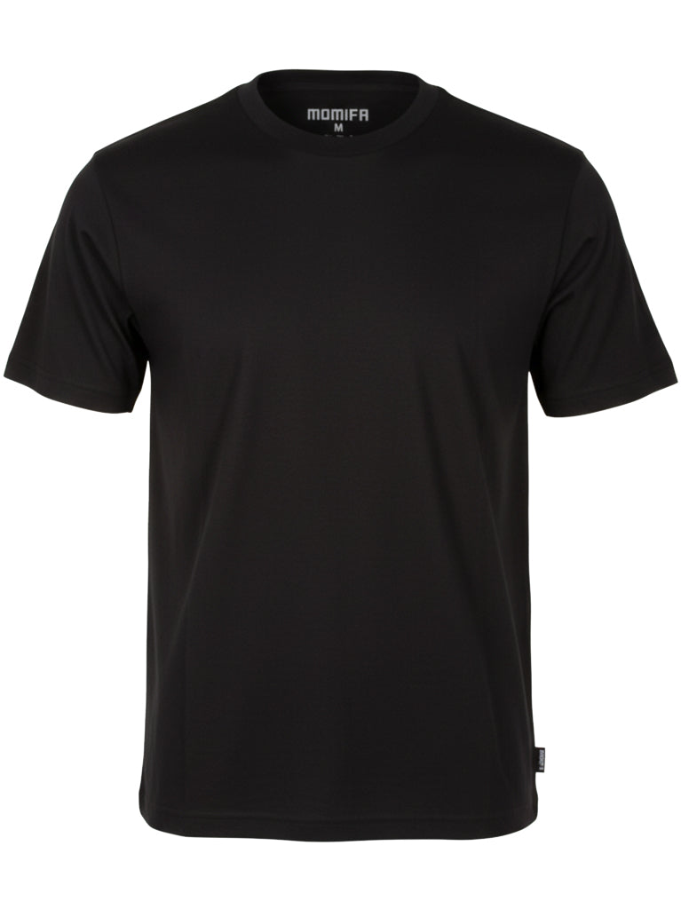 Simple black, short-sleeved, crew-neck t-shirt by the brand MOMIFA on a dark background, centered in the frame.