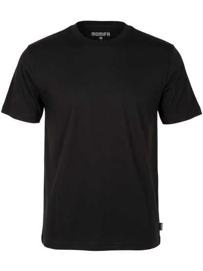 Simple black, short-sleeved, crew-neck t-shirt by the brand MOMIFA on a dark background, centered in the frame.