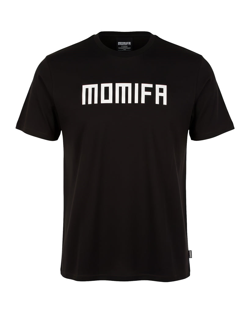 Black t-shirt with the brand name ""MOMIFA"" printed on the front in large, white, block letters.