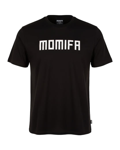 Black t-shirt with the brand name ""MOMIFA"" printed on the front in large, white, block letters.
