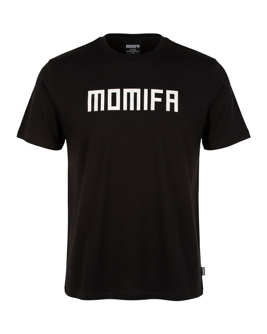 Black t-shirt with the brand name ""MOMIFA"" printed on the front in large, white, block letters.