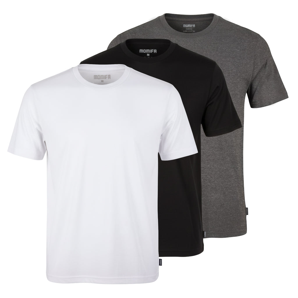 A studio shot of three men's short-sleeve t-shirts in white, black, and gray, each with a MOMIFA logo on the chest.