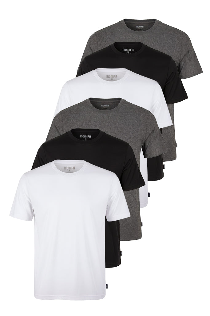 Vertical stack of five men's plain crewneck t-shirts in white, black, and two different shades of grey.