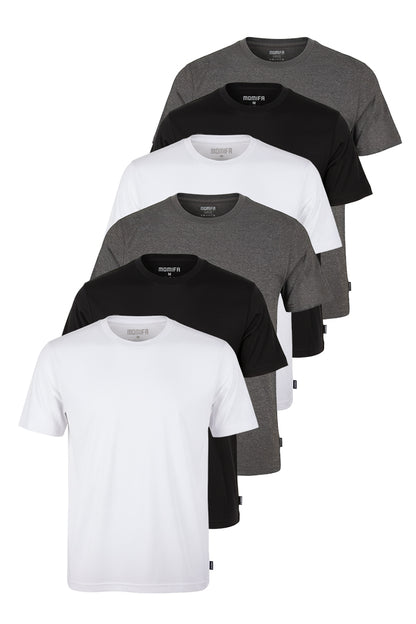 Vertical stack of five men's plain crewneck t-shirts in white, black, and two different shades of grey.