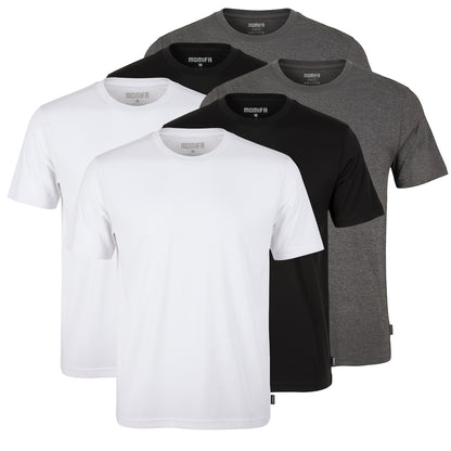 Group of five men's regular-fit short-sleeve t-shirts in different colors: white, black, and gray.