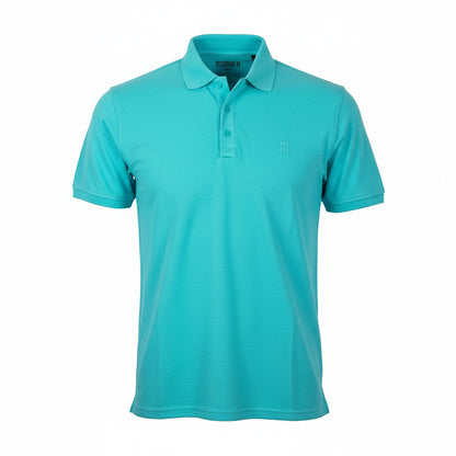 Turquoise, short-sleeved polo shirt with a collar, a three-button placket, and a tonal "M" logo embroidered on the left chest.
