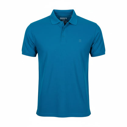 Blue short-sleeved polo shirt with a three-button placket and a subtle ""M"" logo on the left chest, displayed on a white background.