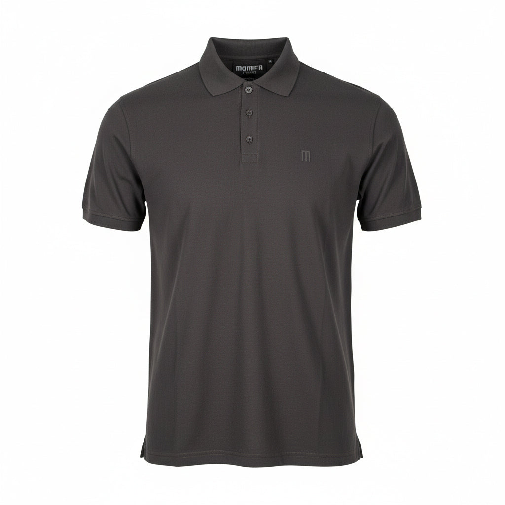 dark gray, short-sleeved polo shirt with a collar, a three-button placket, and a subtle ""MOMIFA"" logo on the left chest.