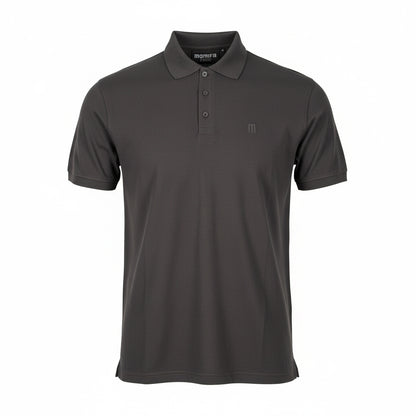 dark gray, short-sleeved polo shirt with a collar, a three-button placket, and a subtle ""MOMIFA"" logo on the left chest.
