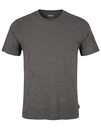 A photo of a men's charcoal gray short-sleeved crew neck t-shirt on a dark background. The shirt has a textured fabric.