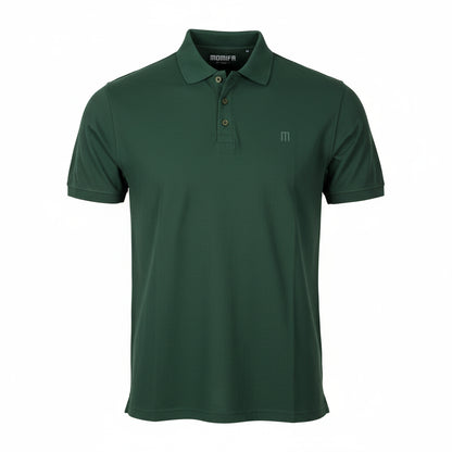 Dark green, short-sleeved polo shirt with a three-button placket and a small logo on the chest, against a white background.