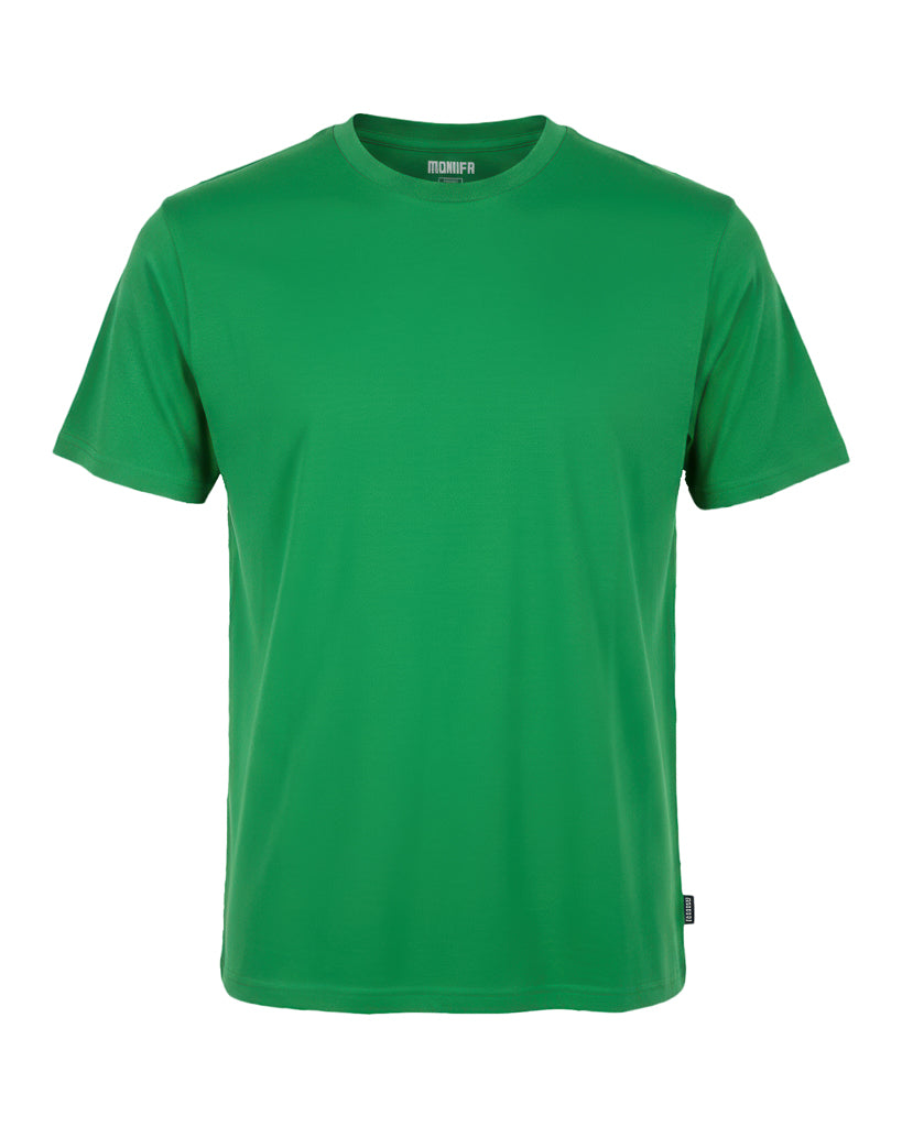 Plain, green short-sleeved t-shirt is shown from the front on a black background, with a small tag visible at the bottom.